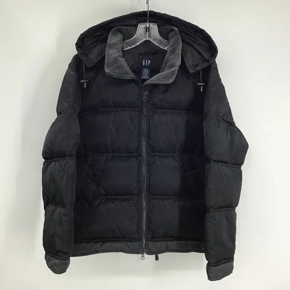 Gap Hooded Down Puffer Jacket Fleece Collar Winter Warm Black/Gray Size Small - Picture 1 of 8